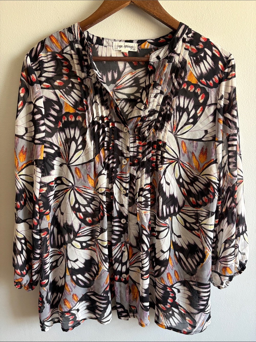 Hope Springs XL Butterfly Print Peasant Blouse Boho Sheer 3/4 Sleeve